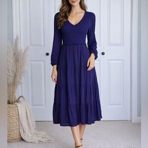 Annebouti Blue Smocked Tiered Long Sleeve Midi‎ Dress Size Medium V-Neck